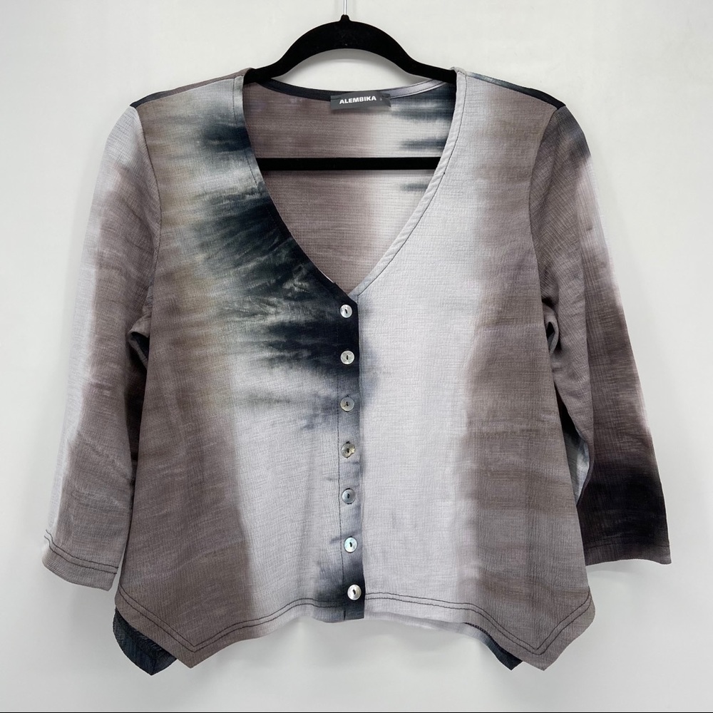 Alembika Brown White Black Asymmetrical Hem Top - Picture 1 of 5
